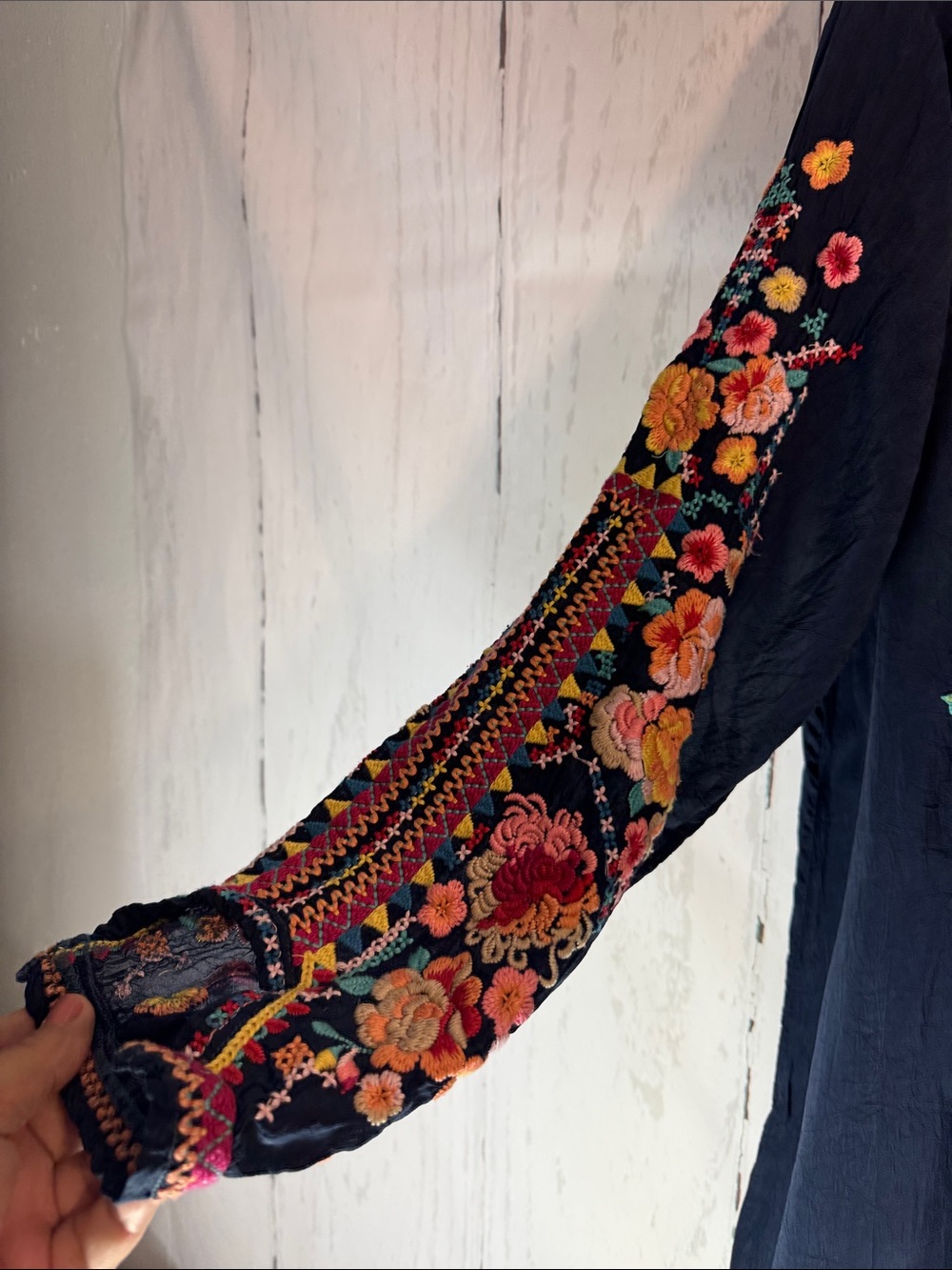 Johnny Was Navy Embroidered Peacock Button-Front Blouse - Picture 4 of 10